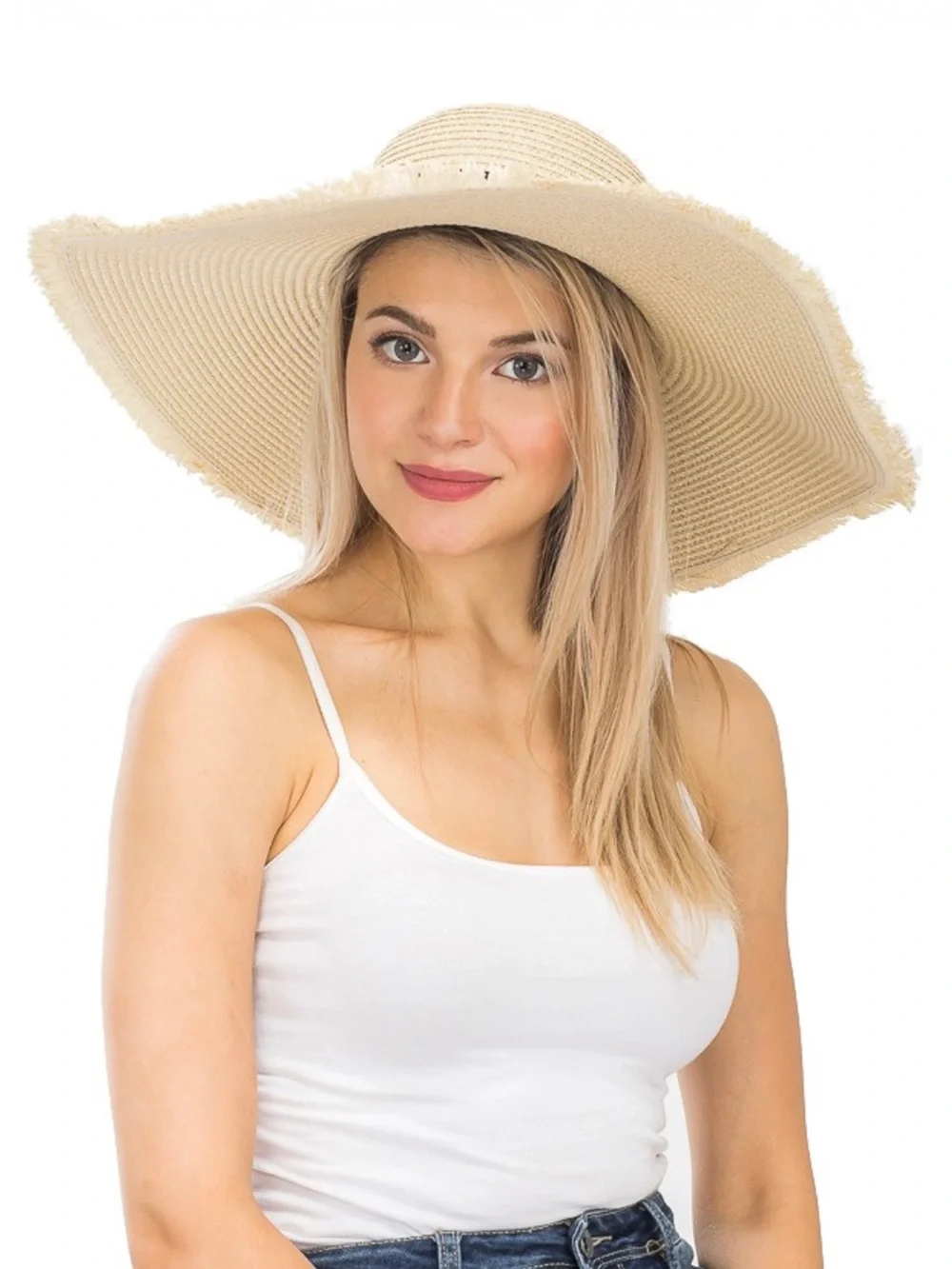 Frayed Edge Wide Brim Straw Beach Hat – Beige with Black Ribbon Detail